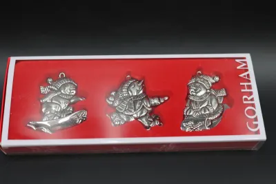 Gorham Nickel-Plated Snowmen Christmas Ornaments – Set of 3 with Box