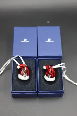 Pair of Swarovski Crystal Santa’s Hat Christmas Ornaments with Boxes