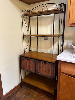 Iron & Wood Baker’s Rack with Woven Basket Drawers