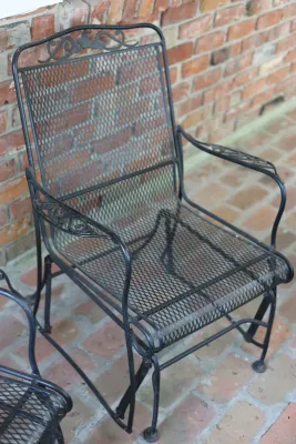 Pair of Vintage Wrought Iron Mesh Patio Glider Chairs