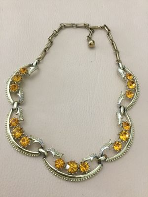 Art, deco, faceted, amber, crystal, rhinestone collar, statement, necklace, gold, toned