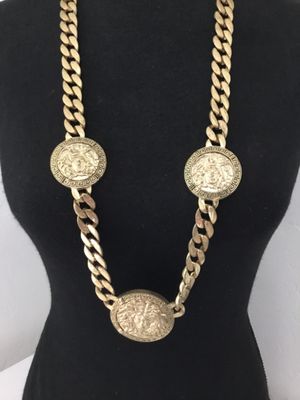 Heavy gold, toned alloy Cuban link chain vintage statement, medusa, medallion statement, necklace