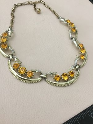 Art, deco, faceted, amber, crystal, rhinestone collar, statement, necklace, gold, toned