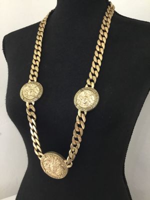 Heavy gold, toned alloy Cuban link chain vintage statement, medusa, medallion statement, necklace