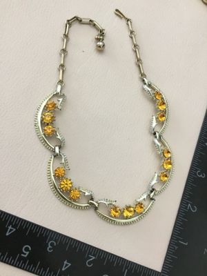 Art, deco, faceted, amber, crystal, rhinestone collar, statement, necklace, gold, toned
