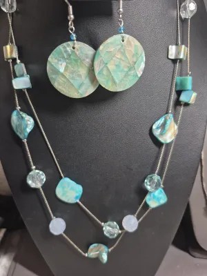 Aquamarine color Mother of Pearl, Crystal and Bling Beads Triple Stand Necklace & Earrings