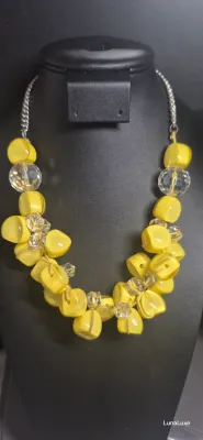 Yellow Chunky Cluster Necklace silver tone chain, Crystal accents