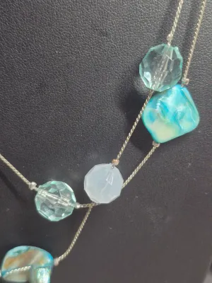 Aquamarine color Mother of Pearl, Crystal and Bling Beads Triple Stand Necklace & Earrings