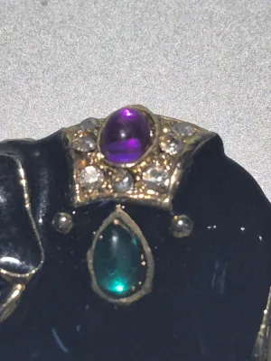 Vintage gold tone emerald color and ruby color cabochon, clear crystals, black enamel Elephant brooch