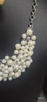Cluster Cha Cha Faux Pearl and silver filigree beads Statement Necklace & Earrings