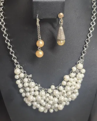 Cluster Cha Cha Faux Pearl and silver filigree beads Statement Necklace & Earrings