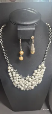 Cluster Cha Cha Faux Pearl and silver filigree beads Statement Necklace & Earrings