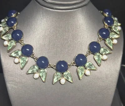 Signed J CREW Statement Necklace Navy Blue Cabochons Aqua Crystal Adjustable