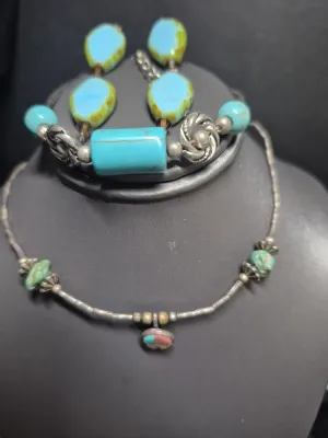 Native American Silver Choker w/ pendant / Turquoise Bracelet / Dangle Earrings set