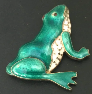Vintage Brooch Pin Guilloche Enamel Frog Silver tone Jewelry