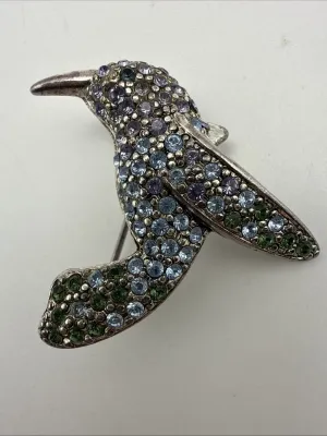 Vintage MONET Crystal Rhinestone HUMMINGBIRD BROOCH Pin Blue Green Purple 1 3/8"