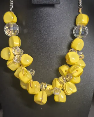Yellow Chunky Cluster Necklace silver tone chain, Crystal accents