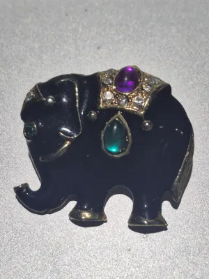 Vintage gold tone emerald color and ruby color cabochon, clear crystals, black enamel Elephant brooch
