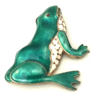 Vintage Brooch Pin Guilloche Enamel Frog Silver tone Jewelry