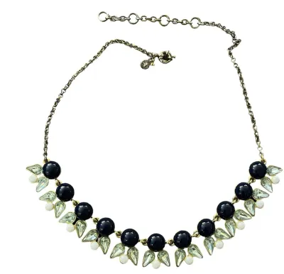 Signed J CREW Statement Necklace Navy Blue Cabochons Aqua Crystal Adjustable