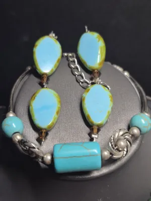 Native American Silver Choker w/ pendant / Turquoise Bracelet / Dangle Earrings set