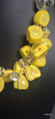 Yellow Chunky Cluster Necklace silver tone chain, Crystal accents