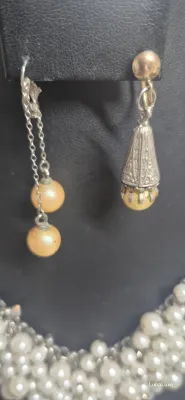 Cluster Cha Cha Faux Pearl and silver filigree beads Statement Necklace & Earrings