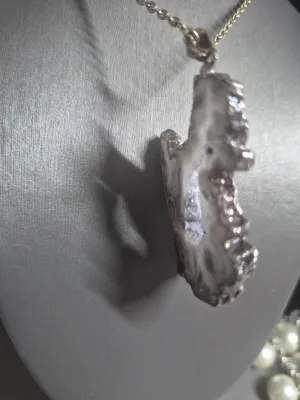Agate Slice Necklace: Silver Edged Geode, Sterling Silver Chain & Granite Gold Earrings