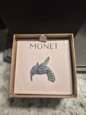 Vintage MONET Crystal Rhinestone HUMMINGBIRD BROOCH Pin Blue Green Purple 1 3/8"