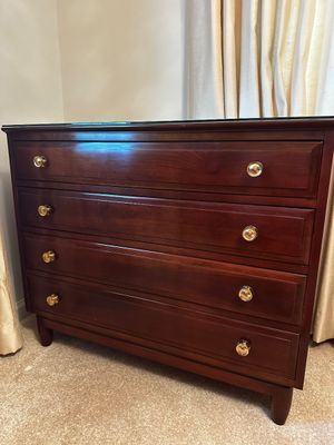 Sale Photo Thumbnail #10: Solid Cheery Wood , distinctive legs, large circular polished brass knobs.