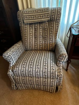 Sale Photo Thumbnail #38: Vintage Early 70's Ethan Allen "Traditional Classics" Early American Colonial Style Upholstered Wing Back Armed Skirted Occasional Accent Chairs