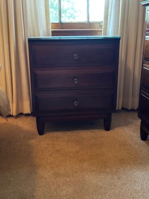 Sale Photo Thumbnail #44: 3-drawer wooden nightstand or bedside chestMaterial / Finish: Dark wood finish (such as cherry or mahogany tone) with matching circular hardware