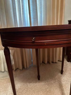 Sale Photo Thumbnail #6: Tilt top card table that comes with two swing action drawers. This table boasts of intricately crafted wood string inlay.on its surface and stands on elegant style legs. This tilt top feature makes it easy to store and move around.