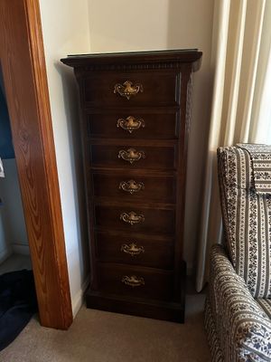 Sale Photo Thumbnail #39: vintage Ethan Allen Classic Manor Lingerie Chest featuring a slender, tall wooden frame with seven drawers and brass hardware.
