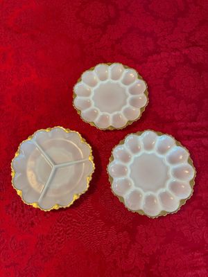 Vintage Anchor Hocking Fire King Milk Glass Divided Tray Egg Platter and Divided Plate