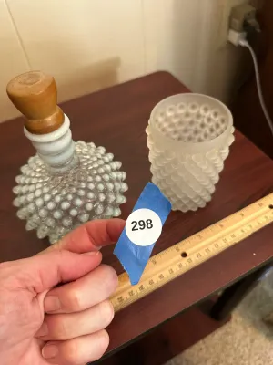 White Opalescent Hobnail Glass Bottle & Frosted Vase – 2-Piece Lot