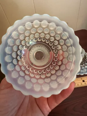 Pair of White Opalescent Hobnail Glass Candleholders