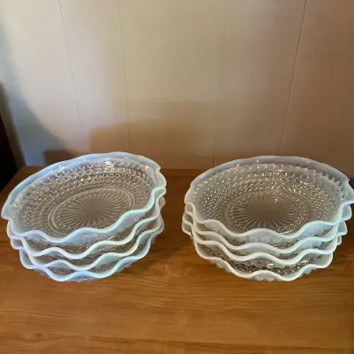 Anchor Hocking Moonstone White Opalescent Ruffled Bowls – Lot of 8