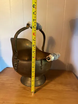 Brass-Tone Coal Scuttle with Blue & White Ceramic Handles