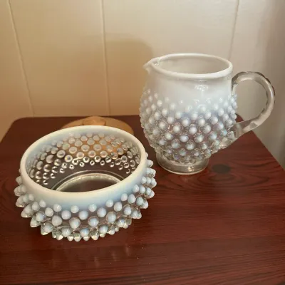 White Opalescent Hobnail Glass Pitcher & Jar with Wooden Lid