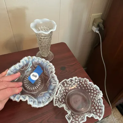 White Opalescent Glass Vase & Ruffled Bowls – 3-Piece Lot