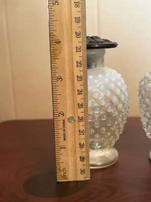 White Opalescent Hobnail Glass Perfume Bottles with Stoppers – Pair