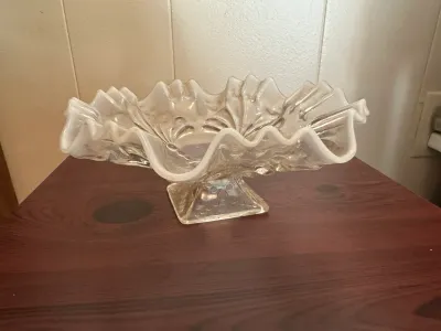 White Opalescent Glass Pedestal Bowl with Ruffled Rim