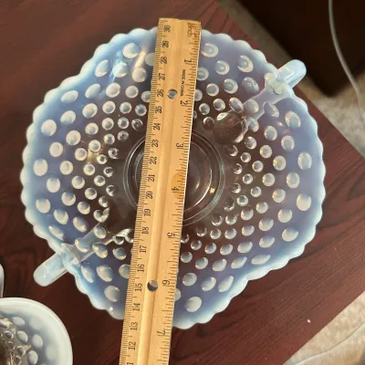 Three-Piece White Opalescent Hobnail Glass Handled Bowl Set