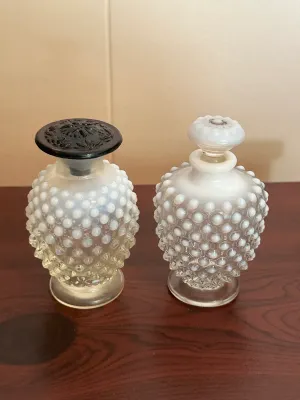 White Opalescent Hobnail Glass Perfume Bottles with Stoppers – Pair