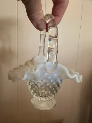 White Opalescent Hobnail Glass Basket, Vase & Bowl – 3 Pieces