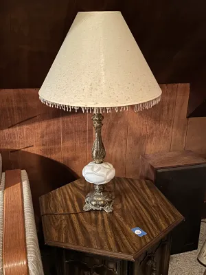 Ornate Gold-Tone & White Table Lamp with Beaded Fringe Shade (A Den)