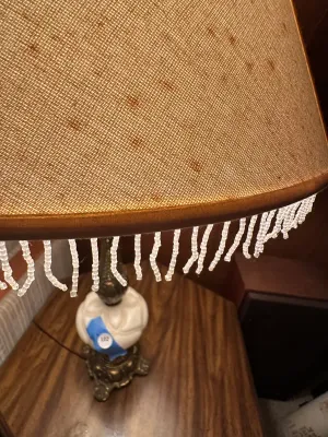 Ornate Gold-Tone & White Table Lamp with Beaded Fringe Shade (A Den)