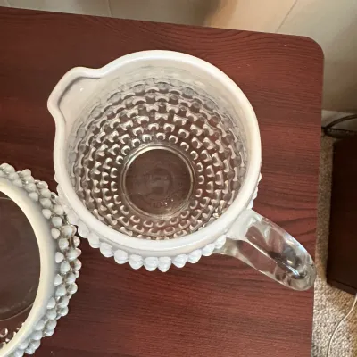 White Opalescent Hobnail Glass Pitcher & Jar with Wooden Lid