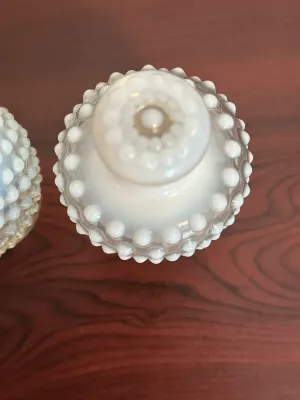 White Opalescent Hobnail Glass Perfume Bottles with Stoppers – Pair